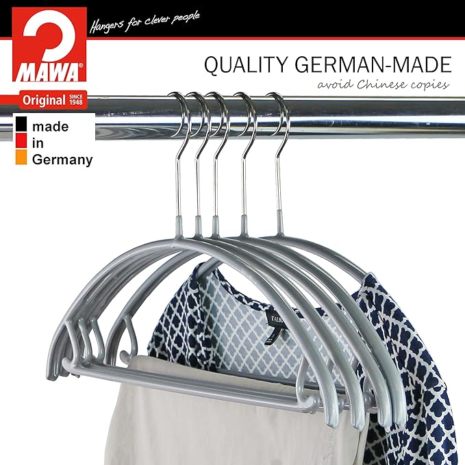 Mawa by Reston Lloyd Non Slip Metal Clothing Hanger, Smooth Shoulder Support with Skirt Hooks/Pant Bar, Model 42-U, Silver, Set of 100