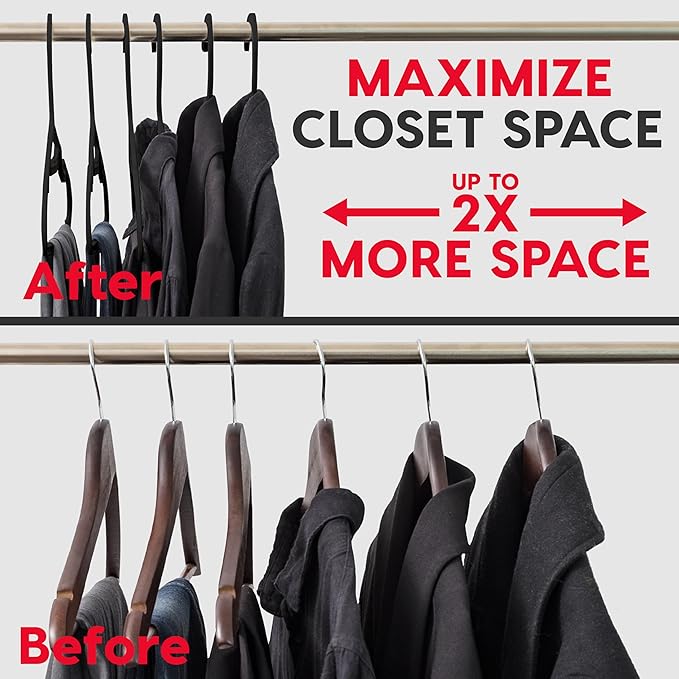 IRIS USA Lightweight Flexible Hangers 50 Pack, Made in USA, Plastic Clothes Hangers with Shoulder Grooves & Accessory Hooks, Dorm Apartment Essentials, Adult Hangers for Light Shirts Clothing, Black