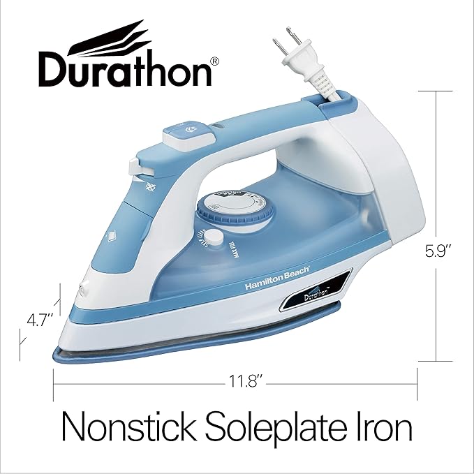 Hamilton Beach Steam Iron & Vertical Steamer for Clothes with Scratch-Resistant Soleplate, Adjustable Steam Settings + 8’ Cord Wrap, 3-Way Auto Shutoff, Anti-Drip, Self-Cleaning, 1500 Watts, Blue