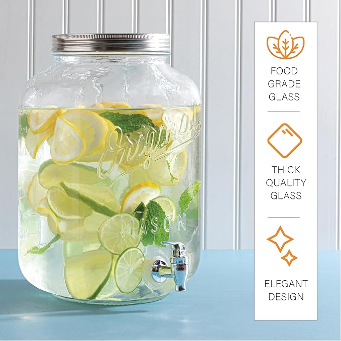 MosJos 2 GALLON Glass Drink Dispensers for Parties, Original Mason Ice Beverage Dispensers with Metal stand, Glass Water Dispenser with Spigot, Laundry Detergent Dispenser, Lemonade Dispenser Set