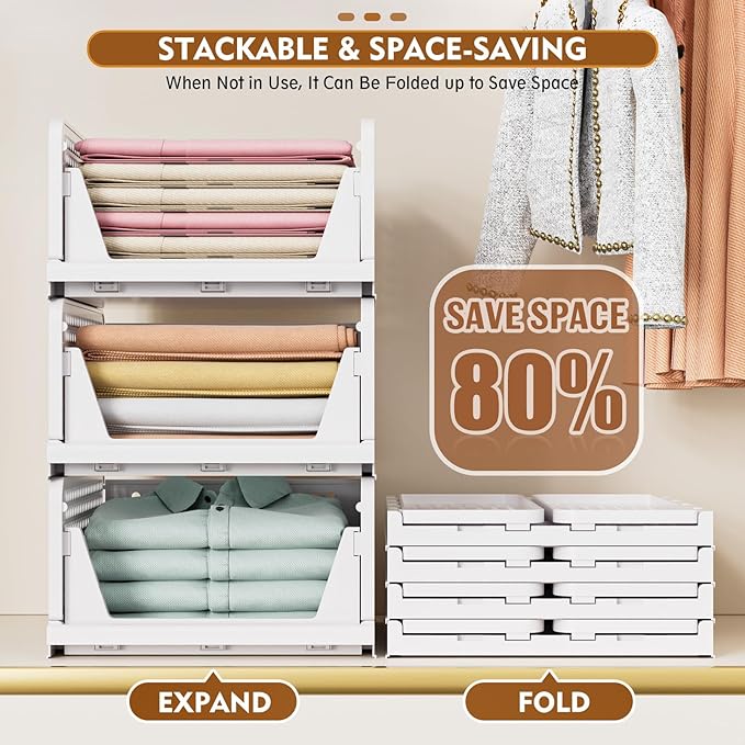 SNSLXH 5 Pack Stackable Closet Organizer Box, Multifunctional & Foldable Closet Storage Basket for Bathroom Kitchen Laundry Room Wardrobe Storage, Space-Saving Clothes Storage Drawer Organizer, Green