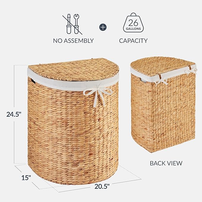 Best Choice Products Half Moon Laundry Hamper w/Lid, Woven Half Round Laundry Basket, w/Removable Liner & Bult-in Handles for Bathroom, Bedroom & Laundry Room - Natural