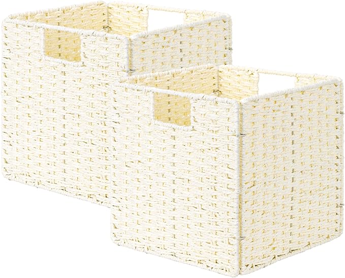StorageWorks 11 inch Wicker Baskets, Handwoven Storage Cubes with Handles, Foldable Paper Rope Basket for Organizing, Beige, 2 Pack