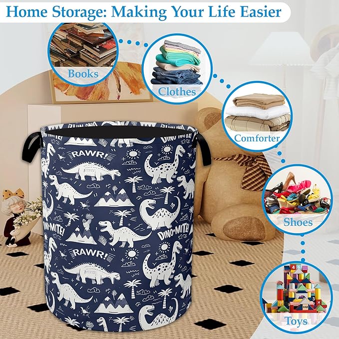 Vintage Cartoon Dino Large Storage Basket Collapsible Laundry Basket Oxford Storage Bin for Toy Bins Gift Baskets Bedroom Clothes Children Nursery Hamper 16" X 20.8"