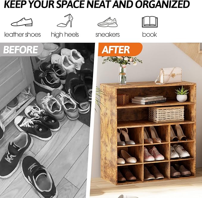 9-Cubby Shoe Rack with 2 Storage Shelf, 3-Tier Wood Shoe Organizer, Multifunctional Shoe Organizer Bench for Entryway, Mudroom, Hallway, Closet, Brown