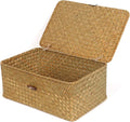 FEIALNDUO Wicker Shelf Baskets with Lid,Seagrass Storage Basket Bins Rectangular Handwoven Basket Boxes for Shelves Desktop Home Organizer (Natural, Medium)