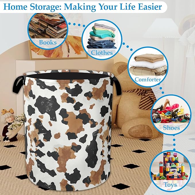 Cows Skin Brown Laundry Basket Collapsible Oxford Organizer Basket for Storage Bin Toy Bins Gift Baskets Bedroom Clothes Children Nursery Hamper 16" X 20.8"