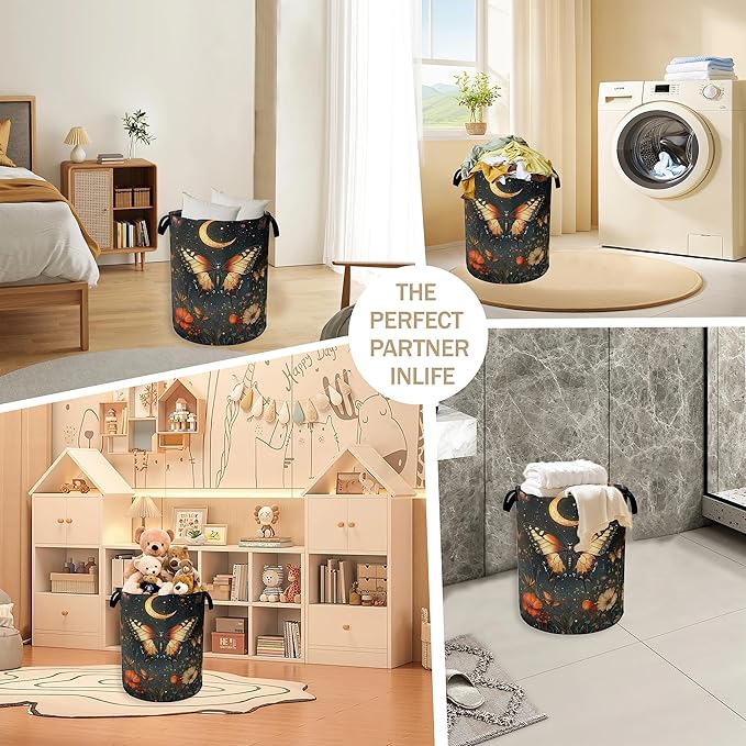 Laundry Hamper,Vintage Butterfly Flower Laundry Basket,Gothic Garden Moon Portable Collapsible Laundry Room Organization Storage for Dorm Room,Nursery,Bathroom,Bedroom,16x20 Inch