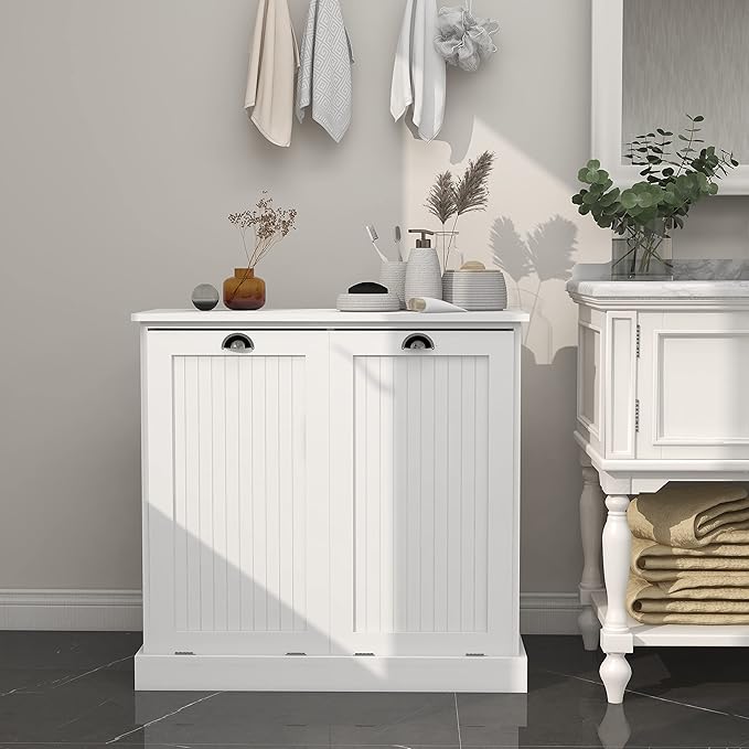 Double Tilt Out Laundry Sorter with Trash Cabinet and Storage - Free Standing, Dog Proof, Recycling, Kitchen Island with Garbage Bin (White)