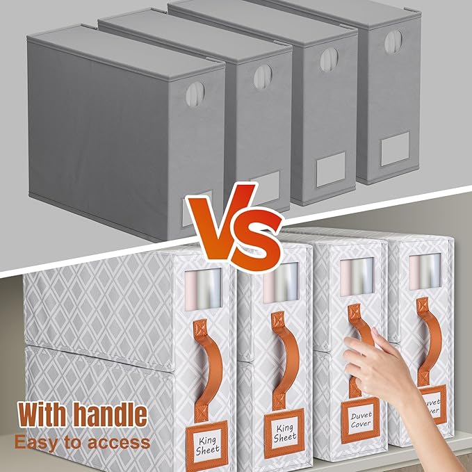 4 Pack Bed Sheet Organizers and Storage, (King & Queen Size) Sheet Organizer for Linen Closet, Foldable Bedding Storage Box with Window for Bedsheets, Duvet Cover and Pillowcase (Light Printed 4 Pack)