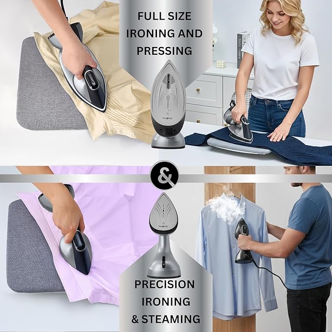True & Tidy 2-in-1 Iron and Handheld Steamer, 1600W Dual Heating System with Ceramic-Coated Plate, LCD Display, No-Drip Technology, 3 Fabric Modes, Portable Garment Steamer for Home & Travel