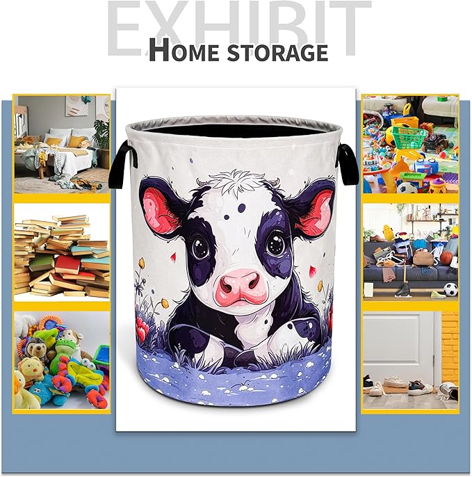 Cute Cow Laundry Basket Animal Foldable Oxford Cloth Funny Tote Bag Laundry Hamper Clothes Storage Bucket Toy Organizer For Bathroom/Laundry Storage/Bedroom 18.9x16.5 Inch