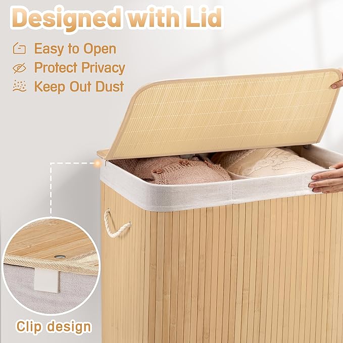 100L Laundry Hamper with lid, 2-Section Clothes Laundry Basket with Handles, Large Collapsible Bamboo Baskets for Bedroom, Bathroom, Dorm, Natural Beige