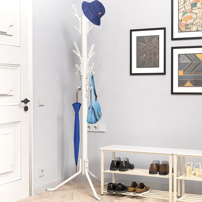 Simple Houseware Standing Coat and Hat Hanger Organizer Tree Shaped Rack for Entryway, Bedroom, and Hallway, 18 Hooks, White
