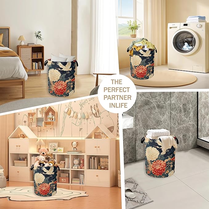 Collapsible Laundry Basket,Retro Crane Dirty Clothes Hamper,Vintage Flowers Hampers for Bedroom Waterproof Oxford Cloth Storage Organizer for Bathroom,Nursery,Dorm,16x20 Inch