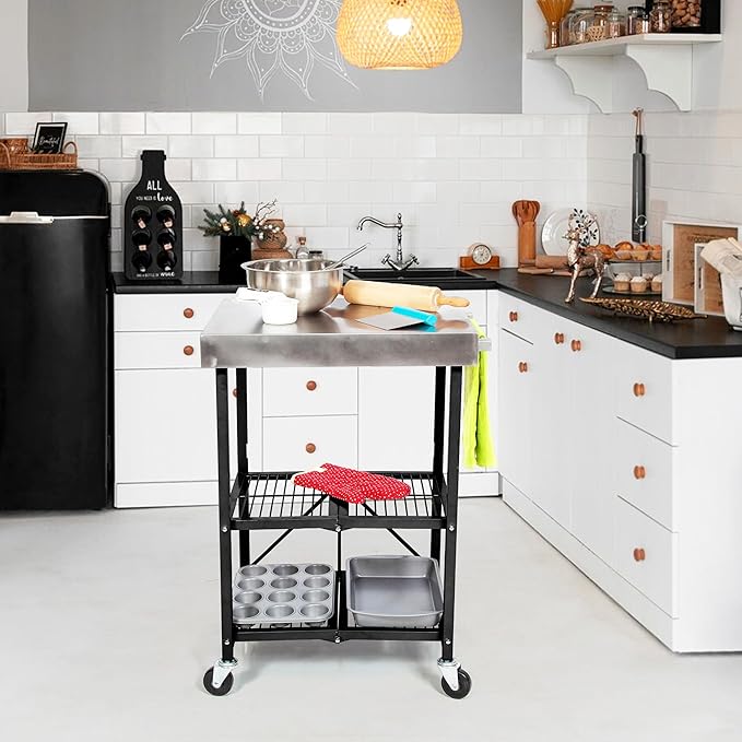 Origami Foldable Kitchen Island Cart, Rolling Storage Table Organizer with Wheels, Black