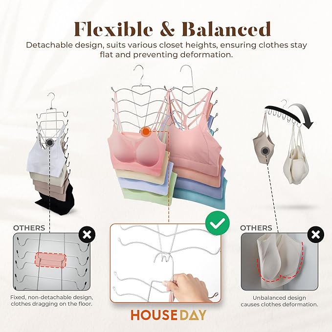 HOUSE DAY Bra Hangers for Closet Organizers and Storage, Tank Top Hanger College Dorm Essentials for Girls, Space Saving Hangers for Camisoles, Tank Tops, Bras, Belts, Ties, Scarves, Swimsuits
