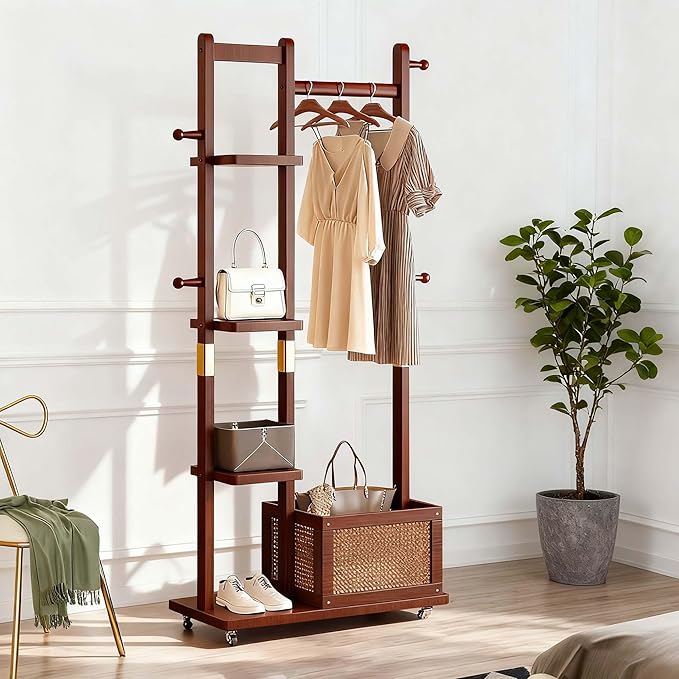 Solid Wood Clothes Rack with Wheels - 4 Shelves, 4 Hooks, Storage Basket for Hanging Garment Wallets Hats, Coat Rack Freestanding, Clothing Rack Heavy Duty Hall Tree for Living Room Hallway