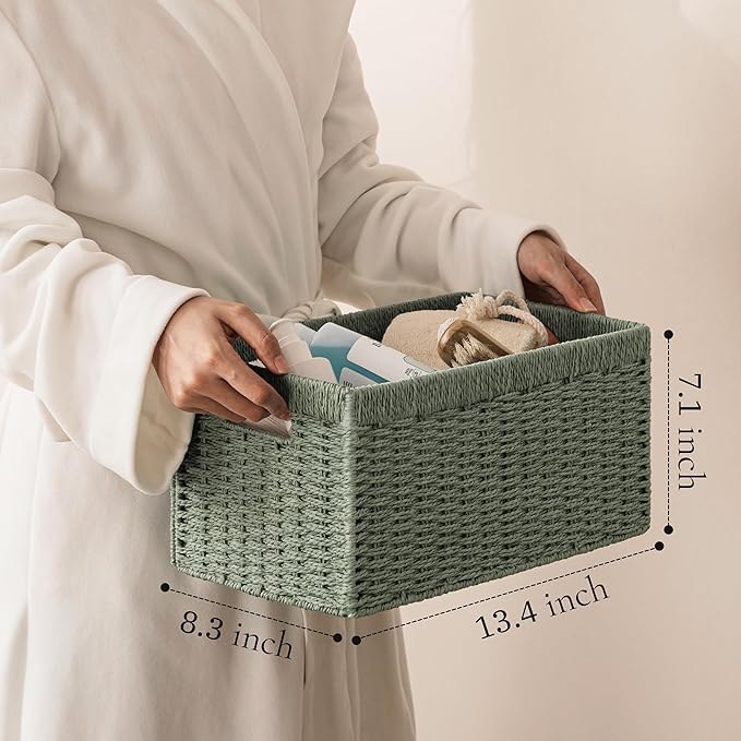 UBBCARE 2 Pack Wicker Basket, 13.4L×8.3H×7.1W inch Woven Paper Rope Storage Baskets for shelves, Foldable Rectangular Storage Baskets with Handle, Storage Basket for Organizing, Green