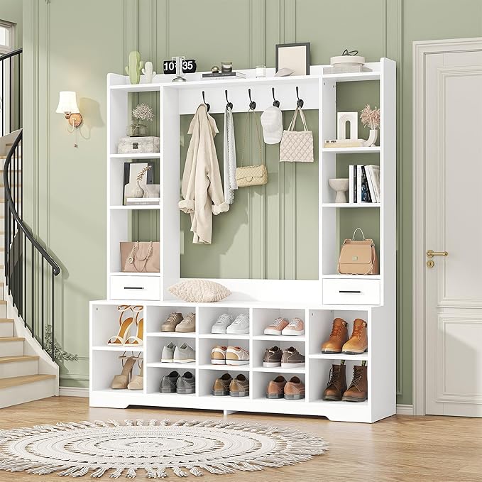Semoic Farmhouse Hall Tree with 2 Independent Drawers,6-in-1 Entryway Bench with Coat Rack Adjustable Shoe Storage for Foyer/Hallway,White