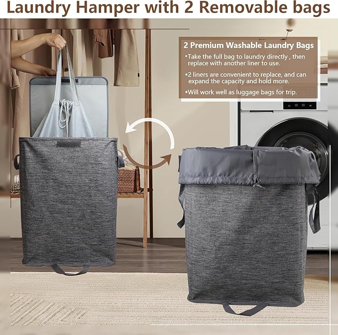 Foldable Laundry Hamper with 2 Removable Drawstring Bags,Portable Laundry Basket with Lid & Easy Carry Handle,Durable Clothes Hamper for Space-Saving Organizer in Bedroom,Bathroom,Dorm,Nursery,RV,Grey