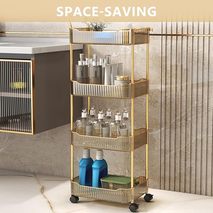 4-Tier Acrylic Rolling Storage Cart, Rolling Utility Cart, Kitchen Storage Cart with Wheels for Bathroom,Living Room, Kithcen, Office Storage and Organization (14''X10''X37'')(Amber)