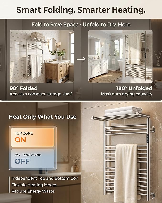 High-Density Foldable Heated Towel Rack, Smart Dual-Zone App/Voice Control Towel Warmer Rack, GFCI Plug-in/Hardwired, Wall-Mount, Drill-Free Install, Brushed, CA3-900X550-Ultra-S