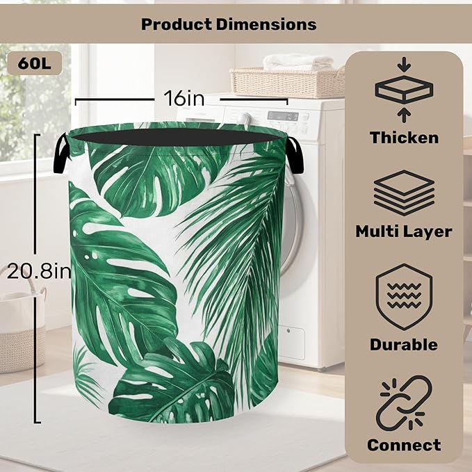 Tropical Leaves Laundry Basket with Handles - Extra Large Foldable Hamper for Bathroom/Laundry/Bedroom/Dorm, Washable Fabric Storage Bin