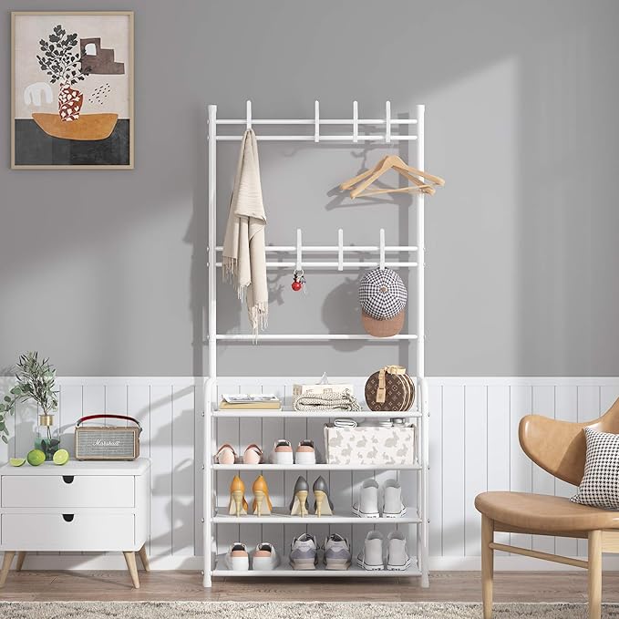 UDEAR Entryway Coat Rack,Hall Tree Storage Shelf,Easy Assembly,with 4-Tier Shelf for Storage Shoes,Clothes,White