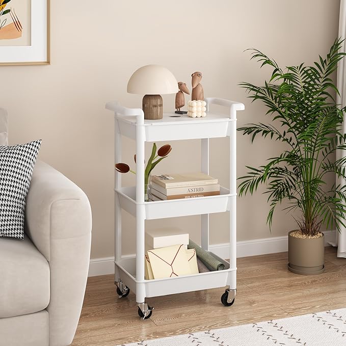 MIOCASA Utility Rolling Cart with Cover Top Board, 3-Tier Kitchen Storage Organization, Art Cart with Wheels for Office, Classroom, Livingroom, Kitchen, Bathroom (White, 3-Tier-Plastic)