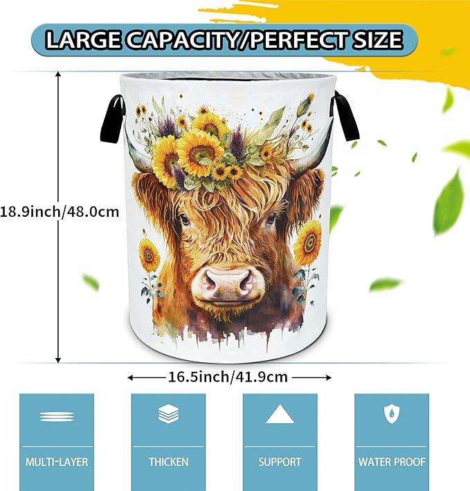 Highland Cow Sunflower Laundry Basket Flowers Foldable Oxford Cloth Funny Tote Bag Laundry Hamper Clothes Storage Bucket Toy Organizer For Bathroom/Laundry Storage/Bedroom 18.9x16.5 Inch