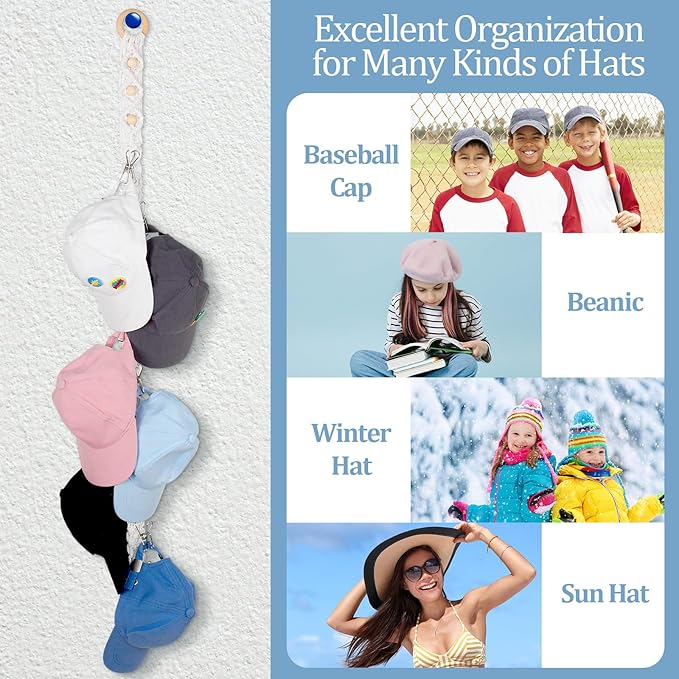 Windyun 2 Pcs Boho Hat Rack for Baseball Caps, Holds up to 20 Hats, Macrame Hat Hangers Wall Mounted, Hanging Cap Holder over Door for Caps Decoration and Display