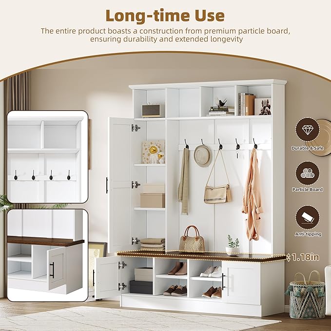 Versatile 3-in-1 Hall Tree, 55" W Modern Entryway Coat Rack with Multiple Storage Space, 6 Hooks, Farmhouse Walnut Storage Bench with Adjustable Shelves for Mudroom, Living Room