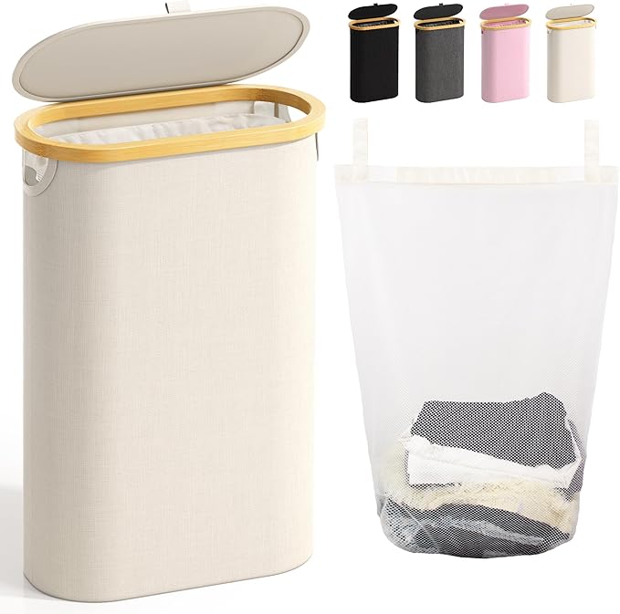 Slim Laundry Hamper with Lid, 60L Small Laundry Basket with Handles&Removable Bag, Thin Dirty Clothes Hampers for Laundry, Narrow Laundry Hampers for Bedroom Aesthetic, Beige
