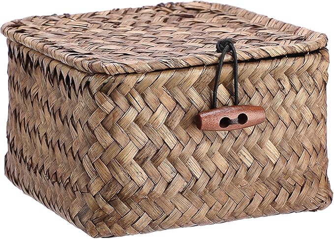 Seagrass Basket with Lid Natural Seagrass Storage Box Square Handwoven Basket Box for Shelf Multipurpose Desktop Organizer Bin for Key Candy, 4.7" x 2.7"