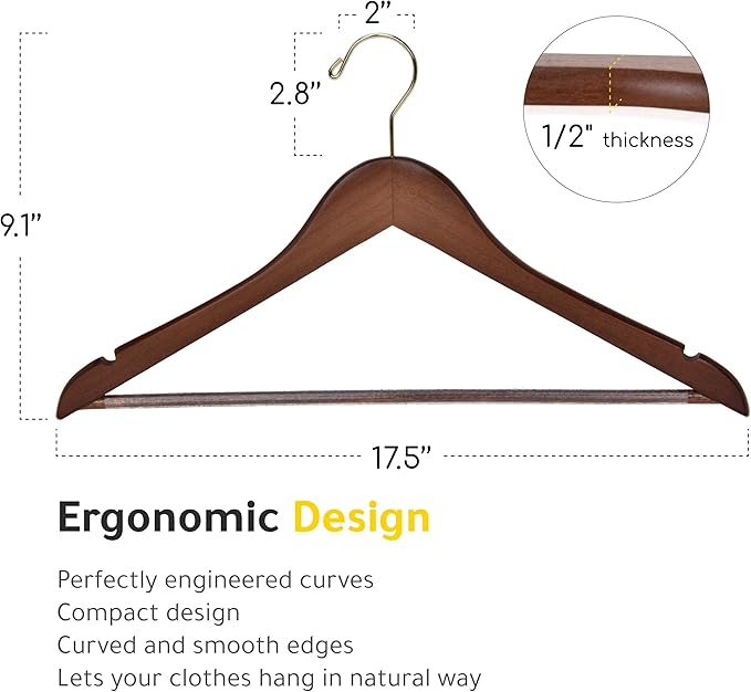 Quality Wooden Hangers - Slightly Curved Hanger 80 Pack Sets - Solid Wood Coat Hangers with Stylish Chrome Hooks - Heavy-Duty Clothes, Jacket, Shirt, Pants, Suit Hangers (Walnut - Gold Hook, 80)