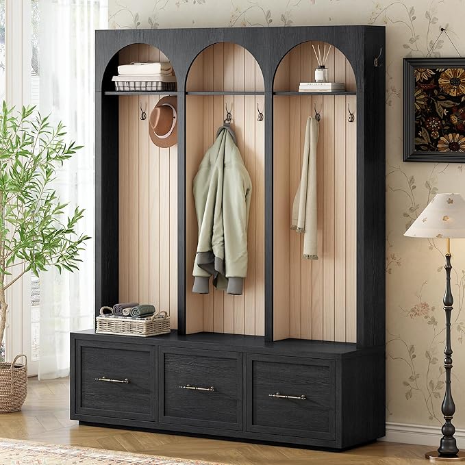 Farmhouse Hall Tree with Three Arched Design, All-in-One Design Wooden Coat Rack & Shoe Organizer with 3 Drawers, 59" Wide Entryway Bench with 8 Retro Hooks for Mudroom, Living Room (Black//538)