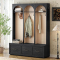 Farmhouse Hall Tree with Three Arched Design, All-in-One Design Wooden Coat Rack & Shoe Organizer with 3 Drawers, 59" Wide Entryway Bench with 8 Retro Hooks for Mudroom, Living Room (Black//538)