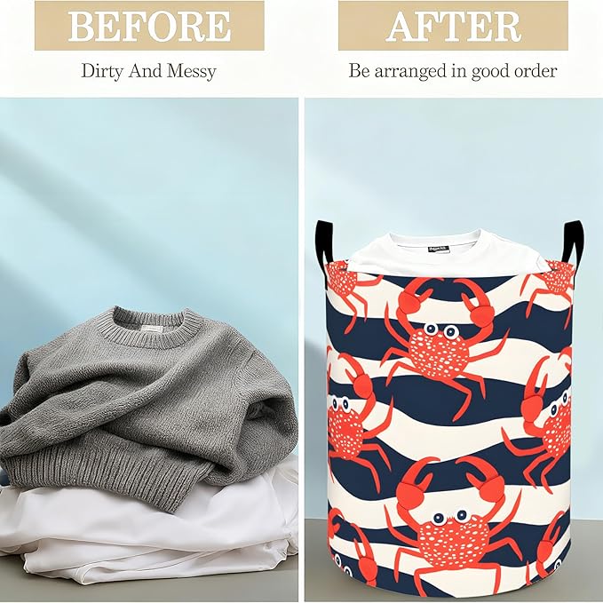 Cute Crab Laundry Basket Hamper for Boys Girls Kids Adults, Foldable Waterproof Oxford Clothes Storage Bin, Red Ocean Animal Organizer for Bedroom Bathroom Room Decor 19.7"x15.8"