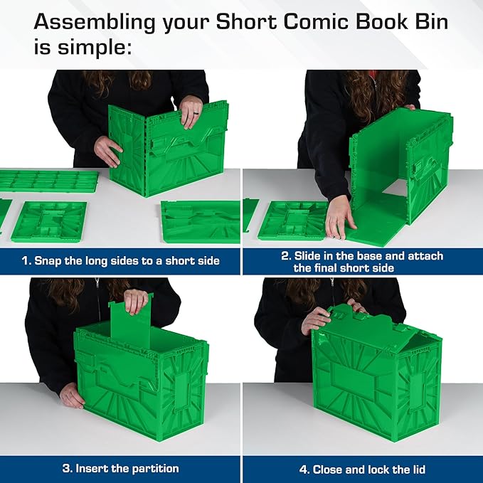 BCW Short Comic Book Bin | Holds 150 Comics | Stackable Plastic Storage | Acid-Free Organizer | Green, 2 Pack