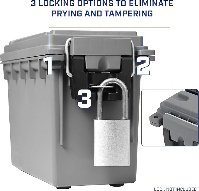Sheffield 12759 4-Pack Ammo Storage Box, Stackable .30 Cal Field Boxes, Water and Dust Resistant, Lockable Storage Box with Handle, Secures Hunting Gear, Supplies, and Bullets, Made in USA, Gray
