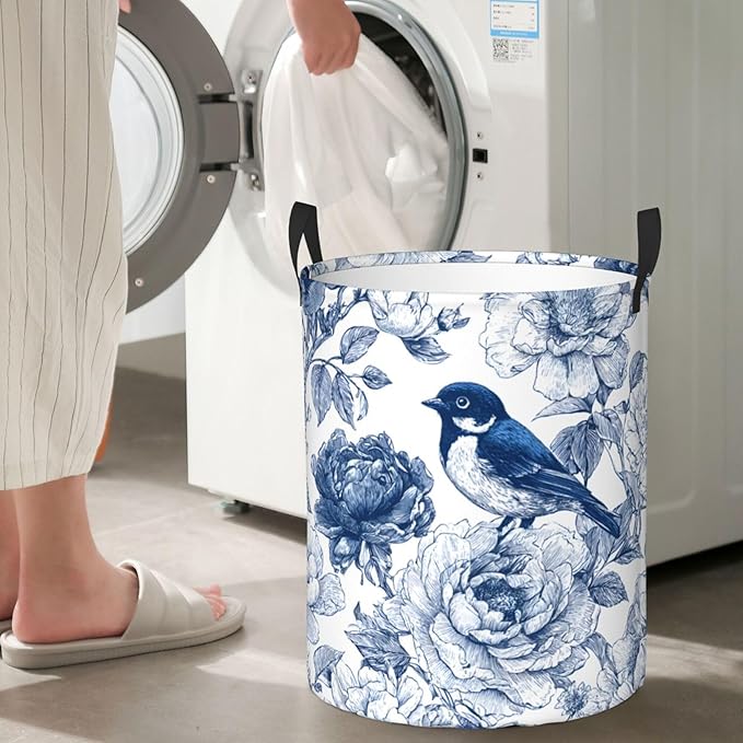 Blue Floral Bird Pattern Laundry Hamper, Collapsible Storage Basket with Handles for Clothes, Bedroom, Bathroom 19.6 x15.7 Inch