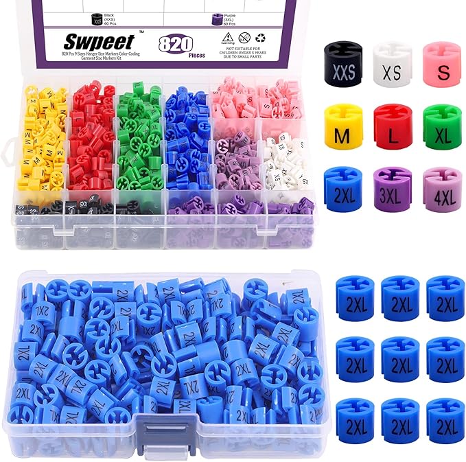Swpeet 820Pcs 9 Common Sizes Plastic Hanger Size Markers Assortment Kit and 150Pcs Blue【 Sizes 2XL 】 Plastic Clothes Hanger Size Markers Color-Coding Hanger