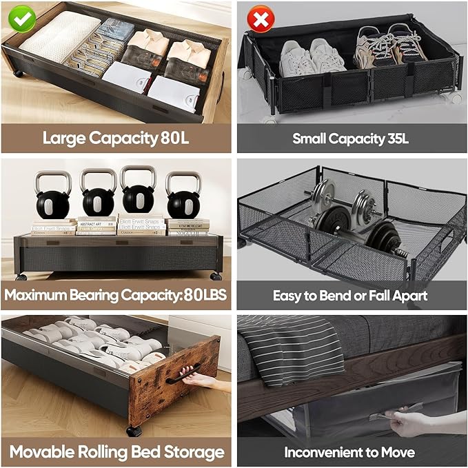Under Bed Storage with Wheels, 2 Packs Wooden Storage Containers Extra Large Underbed Shoes Organizer, Rolling Under Bed Storage Drawers with Clear Lid, Heavy Duty for Clothes Toys 36"L (Walnut)