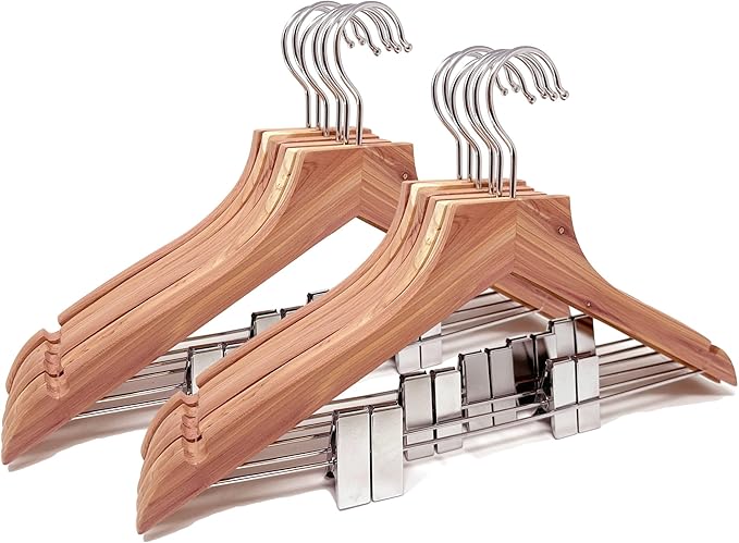 Cedar Elements Big Kids Cedar Hangers – French Flat Top Style 12 Pack for Kids Size 4T-10 (with Metal Clips for Pant Skirt Hanging)