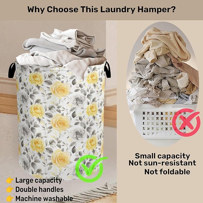 Yellow Gray Flowers Large Clothes Hamper Bag - Laundry Basket with Handles, Space Saving Foldable Design for Nursery
