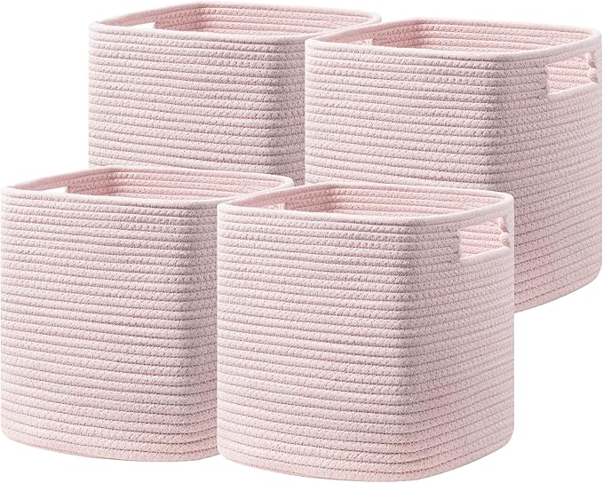 UBBCARE Set of 4 Storage Basket-12 X 12 X 12 in, Cotton Rope Basket for Shelves, Toys, Book, Cube Storage Bins with Handles, Woven Storage Basket for Organizing, Pink