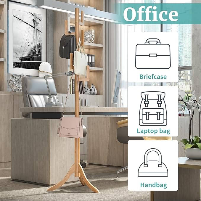 Coat Rack Freestanding, Bamboo Cactus Coat Tree, Adjustable Height Wooden Coat Stand with 6 Hooks, kids coat rack, Used In The Bedroom Living Room, Office To Hang Clothes, Hats, Bags