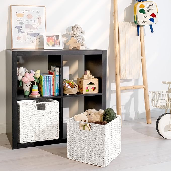 StorageWorks 11 inch Wicker Storage Cubes, Handwoven Cube Storage Bin, Square Cubes Basket, Foldable Paper Rope Basket for Organizing, White, 2 Pack