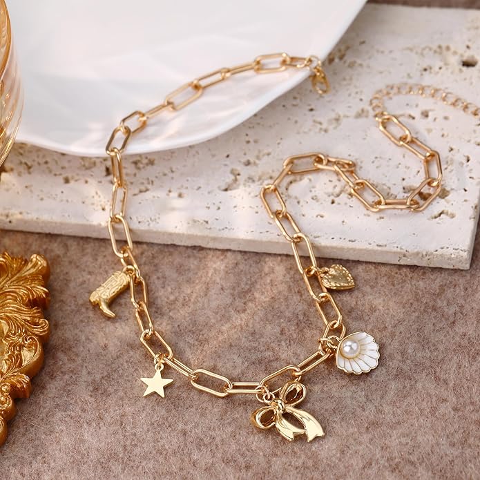 Chunky Gold Necklace for Women Gold Evil Eye Cowboy Pendant Necklace Dainty Paperclip Chain Vintage Luck Amulet Choker Necklaces Celestial Jewelry Gift